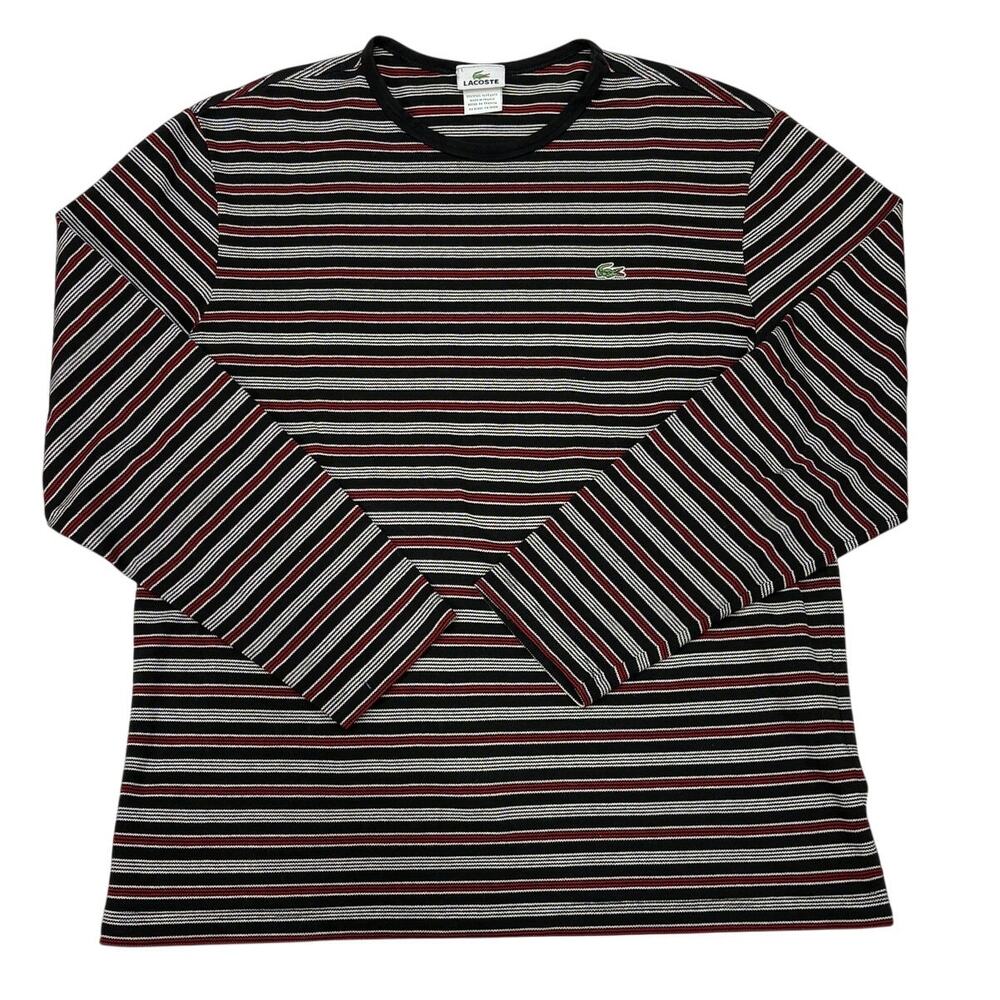 Lacoste Shirt Men Large Black Red Striped Long Sleeve Stretch Y2K Made In France
